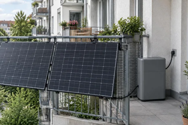 Balkon eines Mehrfamilienhauses mit zwei Solarmodulen am Geländer und einem kompakten grauen Batteriespeicher an der Wand