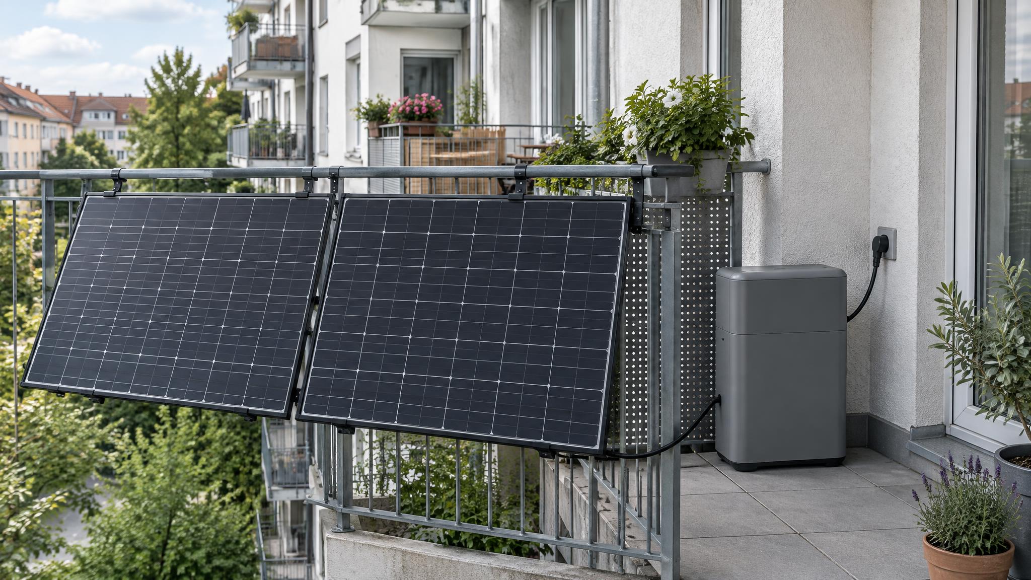 Balkon eines Mehrfamilienhauses mit zwei Solarmodulen am Geländer und einem kompakten grauen Batteriespeicher an der Wand