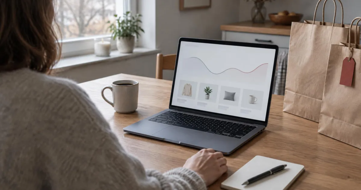 Person am Laptop betrachtet am Küchentisch eine Preisgrafik, daneben stehen Einkaufstüten aus Papier und eine Kaffeetasse