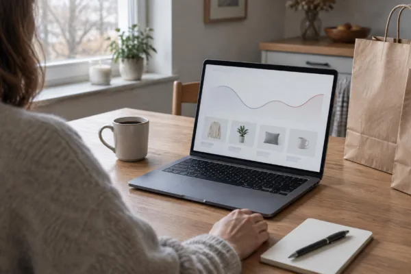 Person am Laptop betrachtet am Küchentisch eine Preisgrafik, daneben stehen Einkaufstüten aus Papier und eine Kaffeetasse