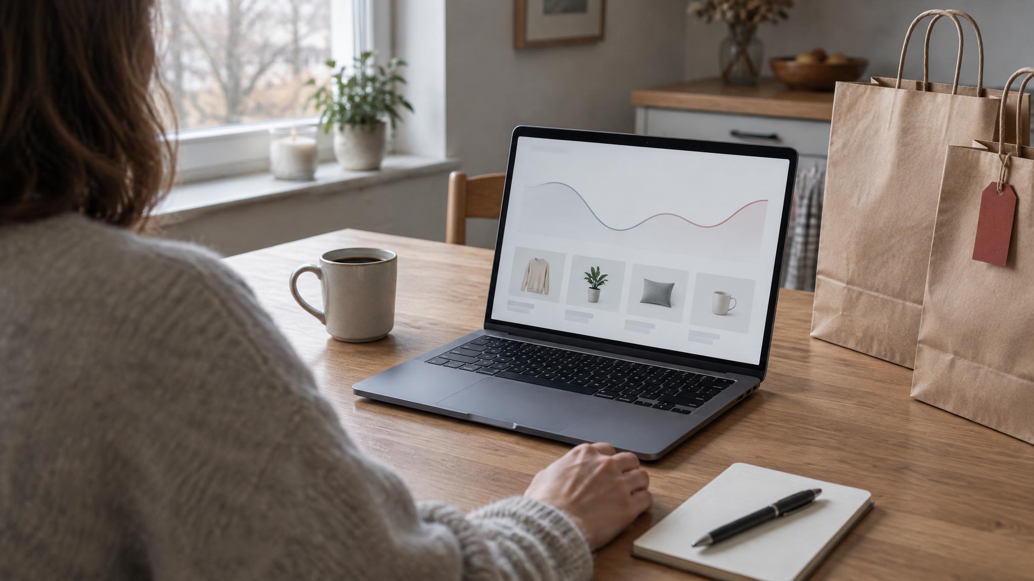 Person am Laptop betrachtet am Küchentisch eine Preisgrafik, daneben stehen Einkaufstüten aus Papier und eine Kaffeetasse