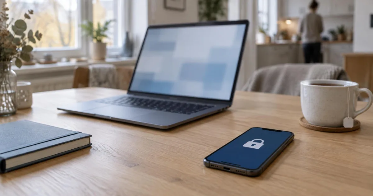 Aufgeklappter Laptop ohne Markenlogo auf einem Holztisch, davor ein Smartphone mit einem Schloss-Symbol auf dem Bildschirm, im Hintergrund eine unscharfe Person in der Küche