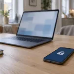 Aufgeklappter Laptop ohne Markenlogo auf einem Holztisch, davor ein Smartphone mit einem Schloss-Symbol auf dem Bildschirm, im Hintergrund eine unscharfe Person in der Küche
