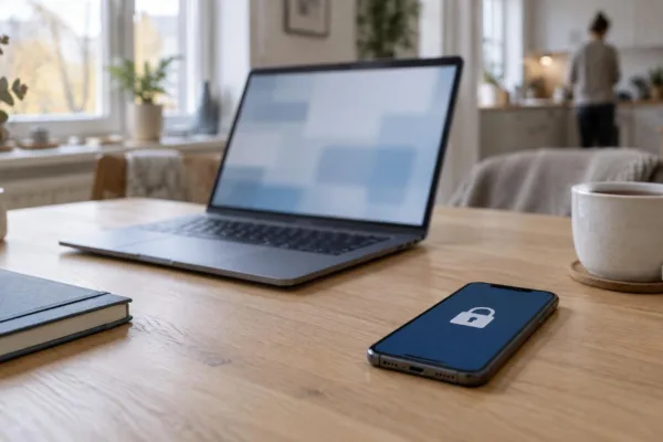Aufgeklappter Laptop ohne Markenlogo auf einem Holztisch, davor ein Smartphone mit einem Schloss-Symbol auf dem Bildschirm, im Hintergrund eine unscharfe Person in der Küche