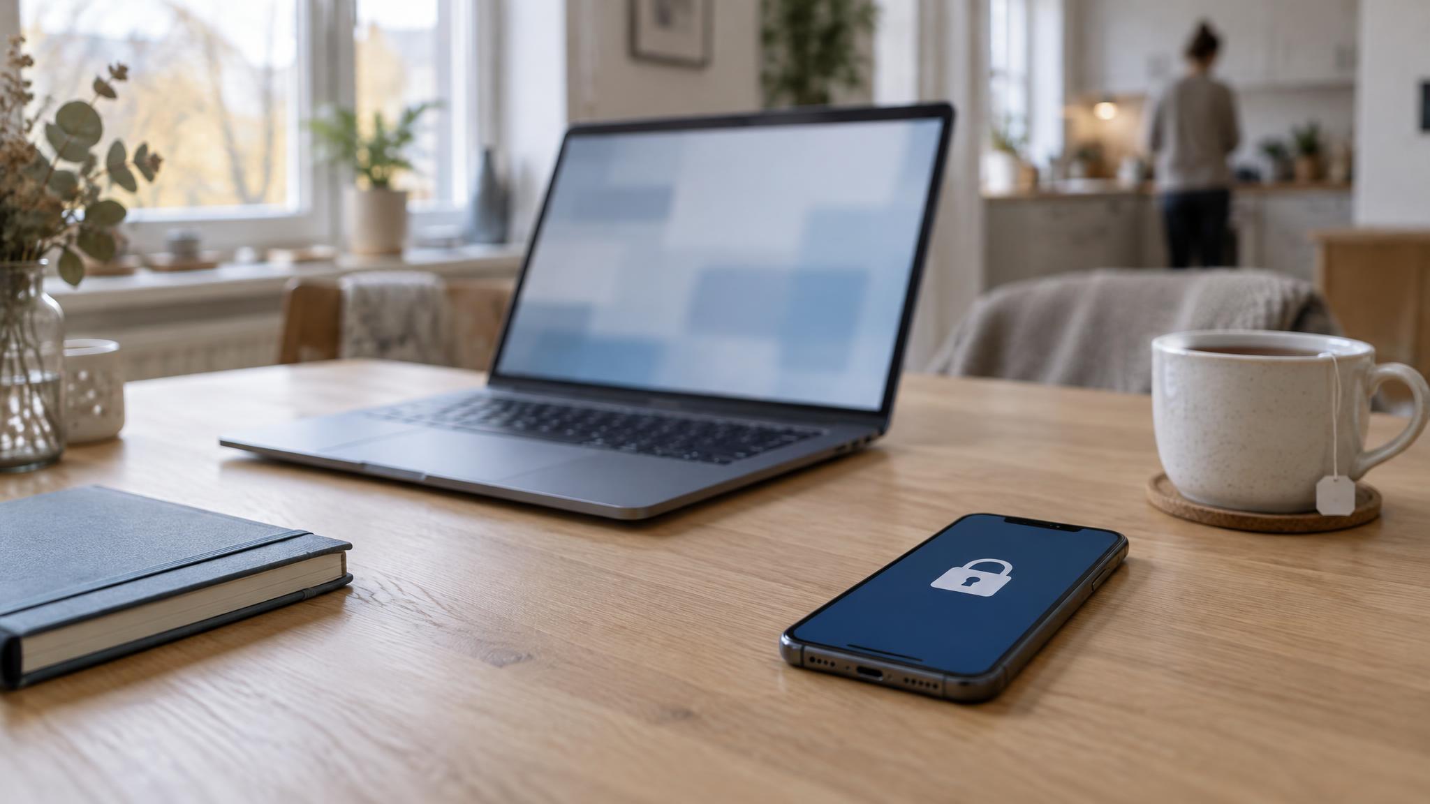 Aufgeklappter Laptop ohne Markenlogo auf einem Holztisch, davor ein Smartphone mit einem Schloss-Symbol auf dem Bildschirm, im Hintergrund eine unscharfe Person in der Küche
