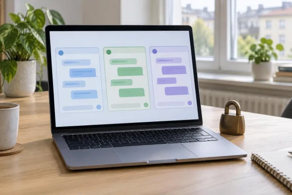 Laptop auf einem Holzschreibtisch mit drei abstrakten Chatfenstern nebeneinander und einem Vorhängeschloss im hellen Homeoffice