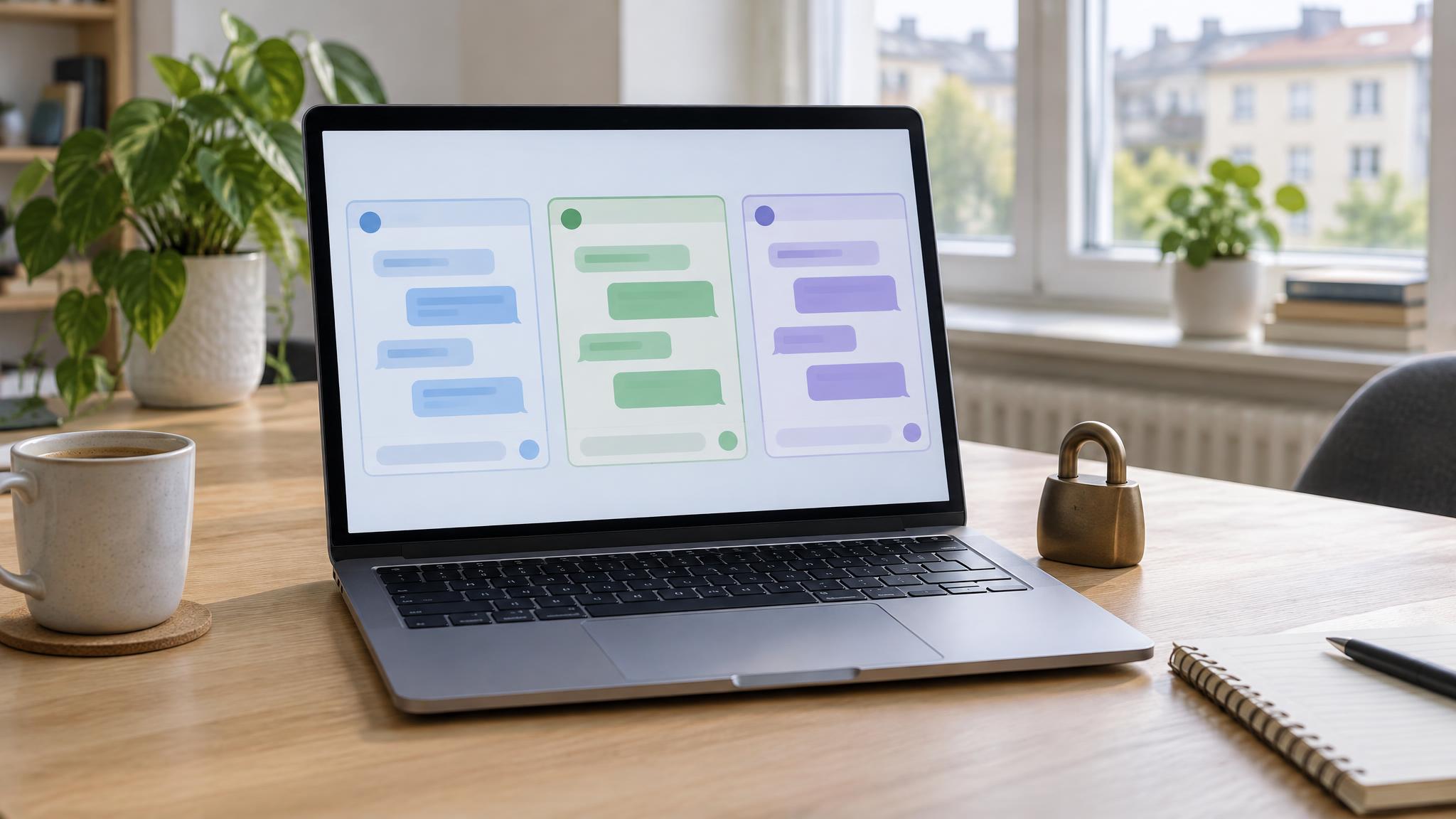 Laptop auf einem Holzschreibtisch mit drei abstrakten Chatfenstern nebeneinander und einem Vorhängeschloss im hellen Homeoffice