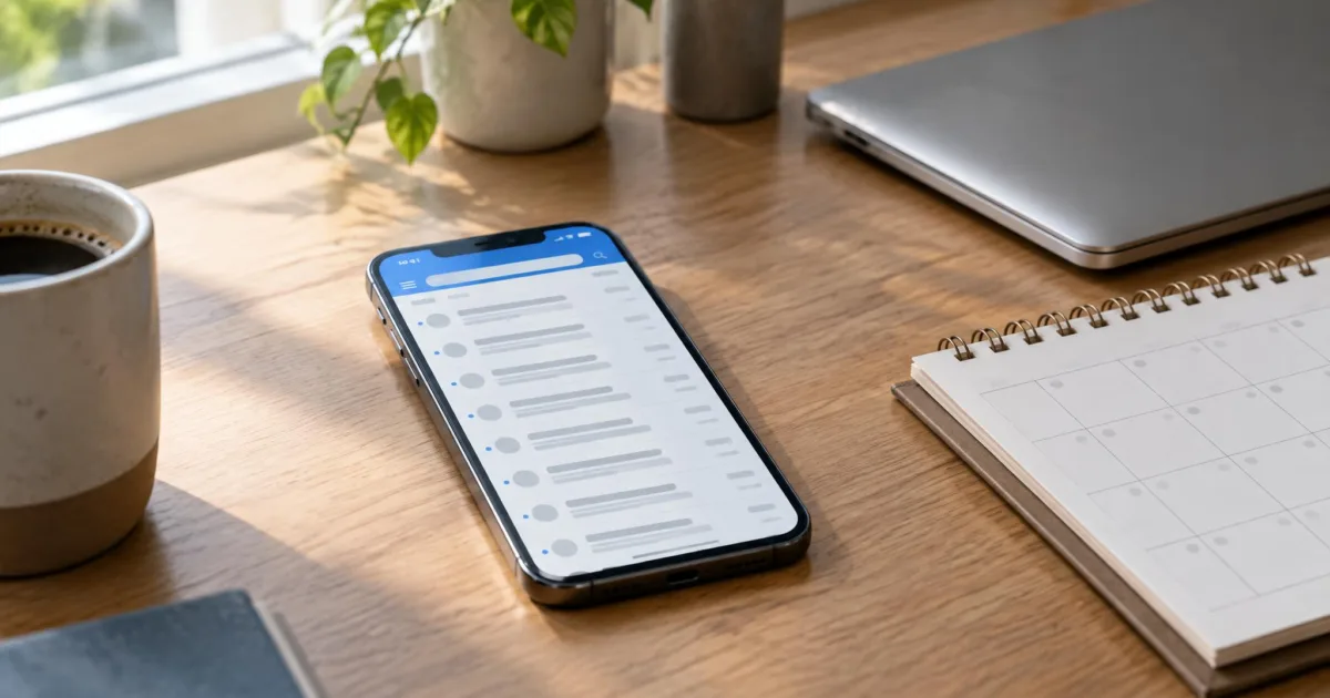 Smartphone auf einem Schreibtisch zeigt einen Posteingang, daneben ein aufgeschlagener Papierkalender und ein Laptop