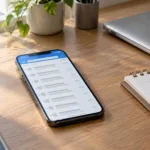 Smartphone auf einem Schreibtisch zeigt einen Posteingang, daneben ein aufgeschlagener Papierkalender und ein Laptop