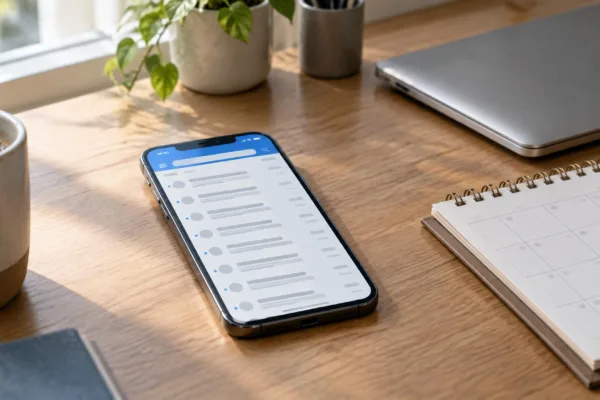 Smartphone auf einem Schreibtisch zeigt einen Posteingang, daneben ein aufgeschlagener Papierkalender und ein Laptop