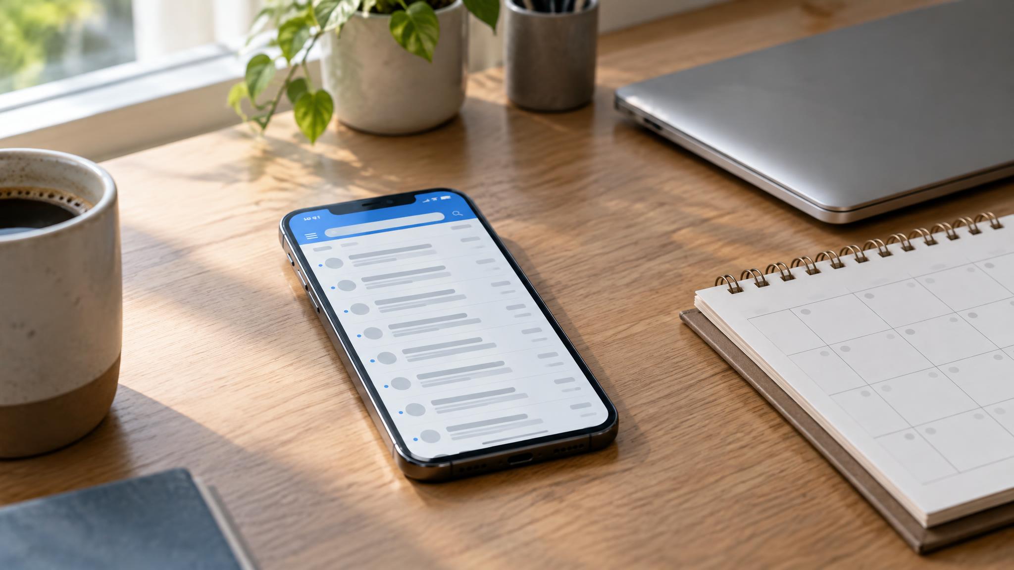 Smartphone auf einem Schreibtisch zeigt einen Posteingang, daneben ein aufgeschlagener Papierkalender und ein Laptop