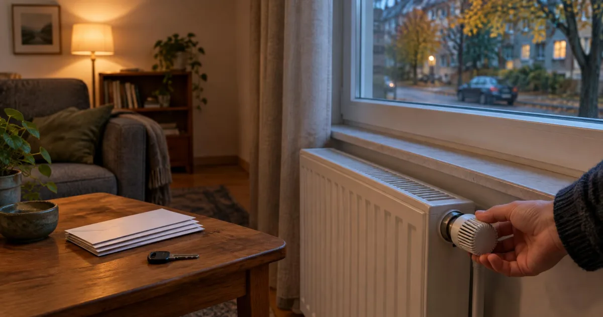 Hand dreht am Thermostat eines weißen Heizkörpers in einem Wohnzimmer am Herbstabend, auf dem Holztisch liegen ein Autoschlüssel und Briefumschläge, draußen parkt ein Auto