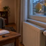 Hand dreht am Thermostat eines weißen Heizkörpers in einem Wohnzimmer am Herbstabend, auf dem Holztisch liegen ein Autoschlüssel und Briefumschläge, draußen parkt ein Auto