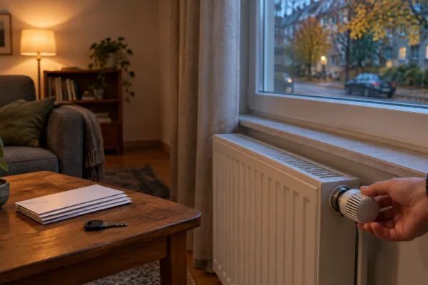 Hand dreht am Thermostat eines weißen Heizkörpers in einem Wohnzimmer am Herbstabend, auf dem Holztisch liegen ein Autoschlüssel und Briefumschläge, draußen parkt ein Auto