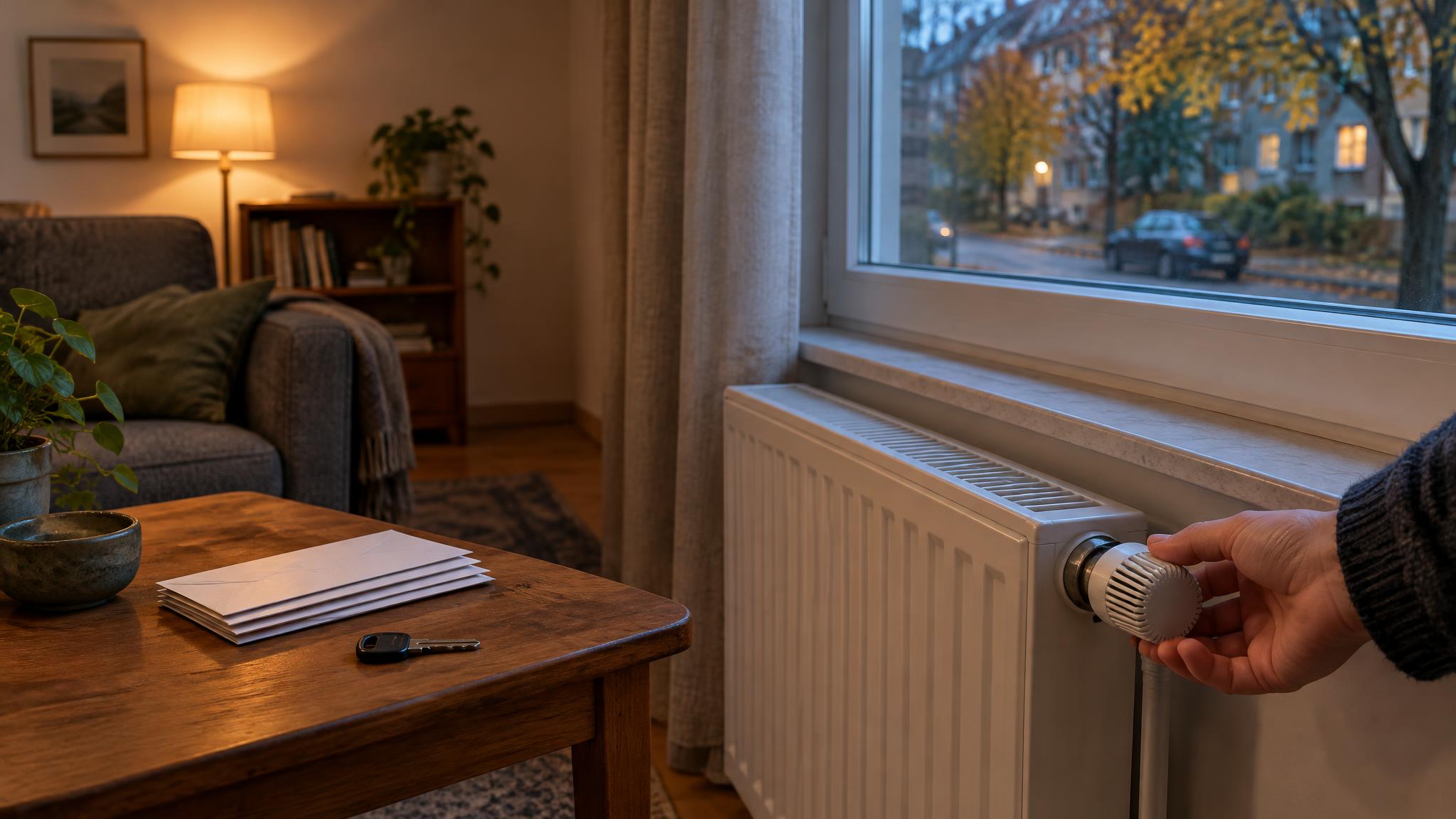 Hand dreht am Thermostat eines weißen Heizkörpers in einem Wohnzimmer am Herbstabend, auf dem Holztisch liegen ein Autoschlüssel und Briefumschläge, draußen parkt ein Auto
