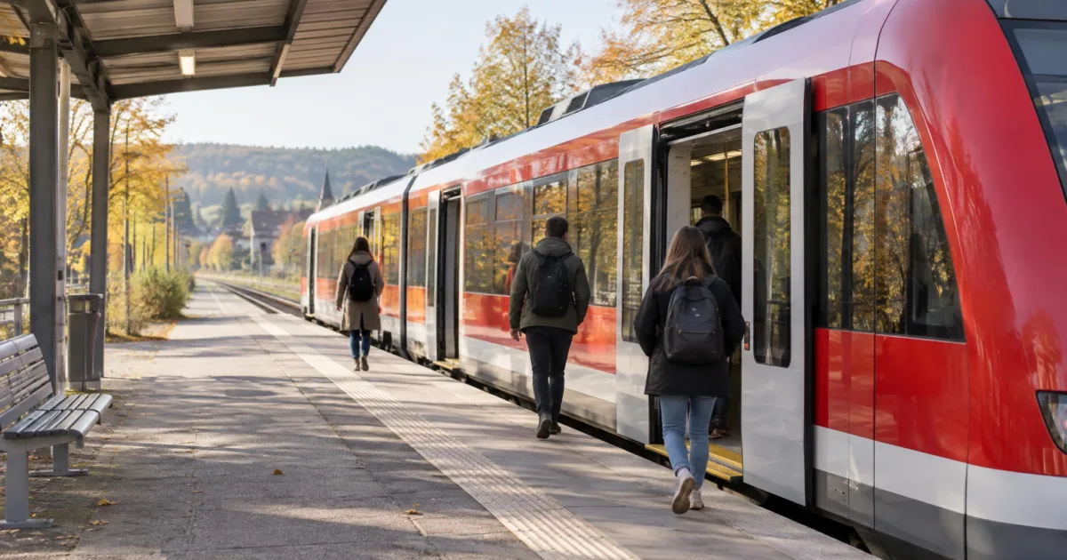 Rot-weißer Regionalzug mit geöffneten Türen an einem Bahnsteig im Herbst, Fahrgäste mit Rucksäcken steigen ein, ohne Logos und ohne lesbaren Text