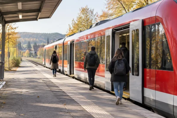 Rot-weißer Regionalzug mit geöffneten Türen an einem Bahnsteig im Herbst, Fahrgäste mit Rucksäcken steigen ein, ohne Logos und ohne lesbaren Text