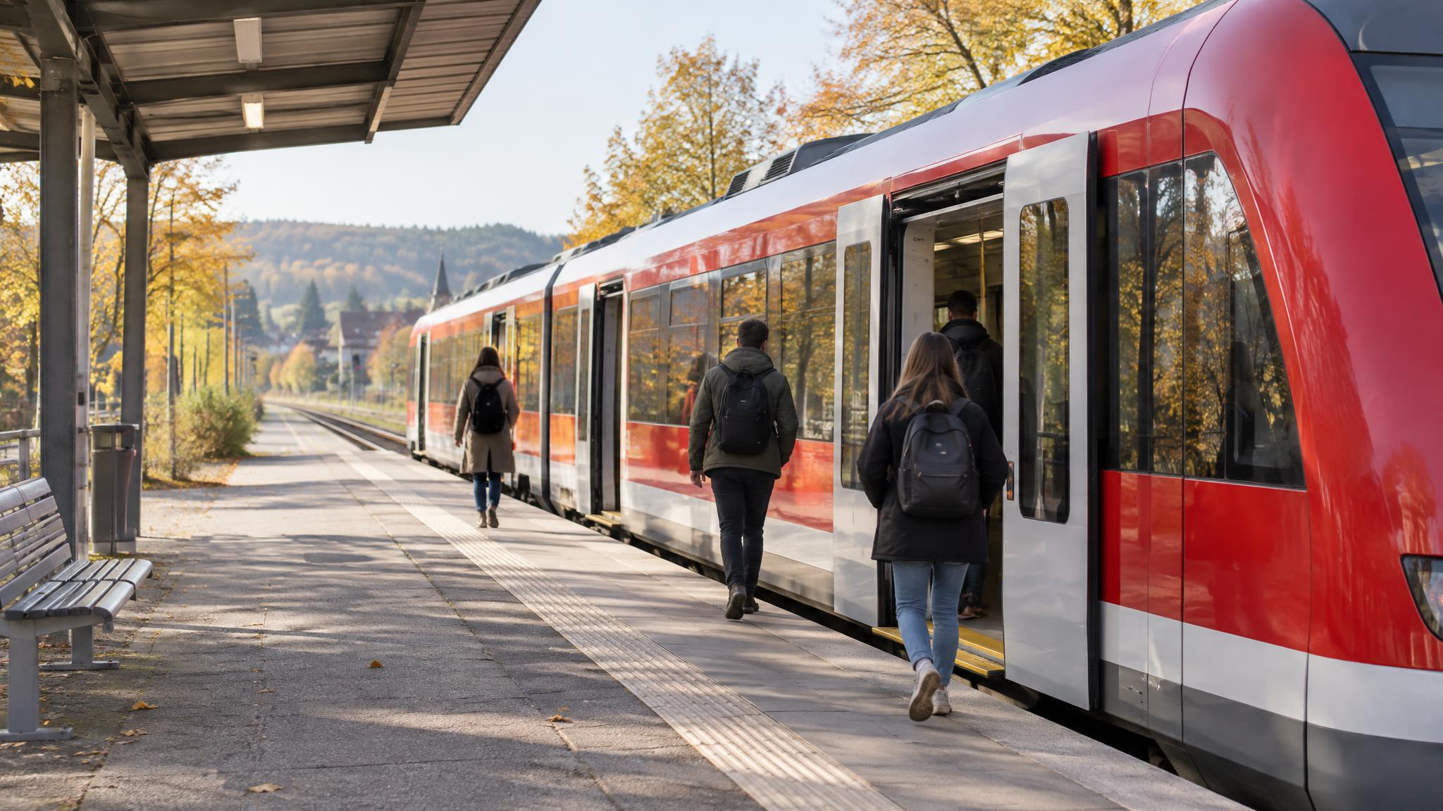 Rot-weißer Regionalzug mit geöffneten Türen an einem Bahnsteig im Herbst, Fahrgäste mit Rucksäcken steigen ein, ohne Logos und ohne lesbaren Text