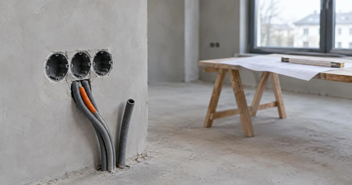 Rohbauwand mit drei leeren Unterputzdosen und grauen Leerrohren in einem unverputzten Neubauzimmer mit Bauplan auf einem Tisch