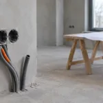 Rohbauwand mit drei leeren Unterputzdosen und grauen Leerrohren in einem unverputzten Neubauzimmer mit Bauplan auf einem Tisch