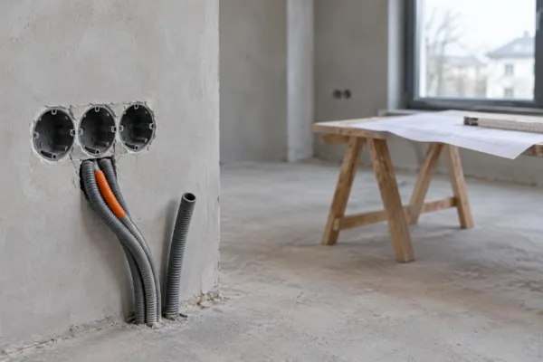 Rohbauwand mit drei leeren Unterputzdosen und grauen Leerrohren in einem unverputzten Neubauzimmer mit Bauplan auf einem Tisch