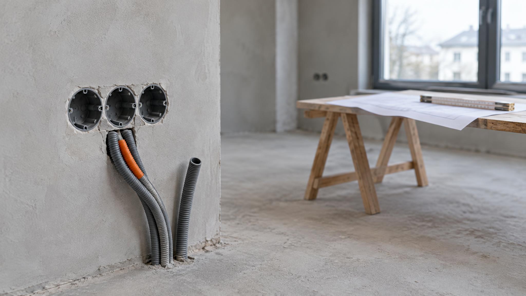 Rohbauwand mit drei leeren Unterputzdosen und grauen Leerrohren in einem unverputzten Neubauzimmer mit Bauplan auf einem Tisch