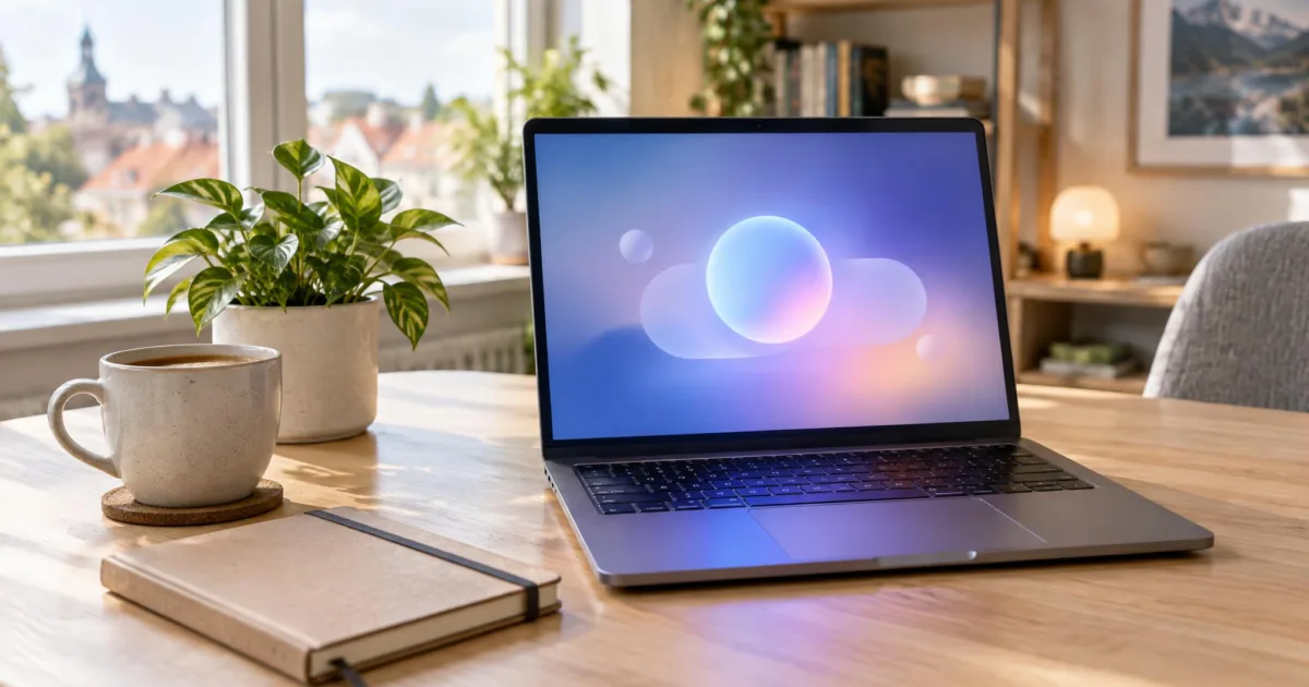 Aufgeklappter Laptop mit abstrakt leuchtender Chatoberfläche auf einem Holzschreibtisch in einem hellen Homeoffice, ohne Logos und ohne lesbaren Text