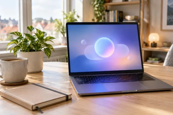 Aufgeklappter Laptop mit abstrakt leuchtender Chatoberfläche auf einem Holzschreibtisch in einem hellen Homeoffice, ohne Logos und ohne lesbaren Text