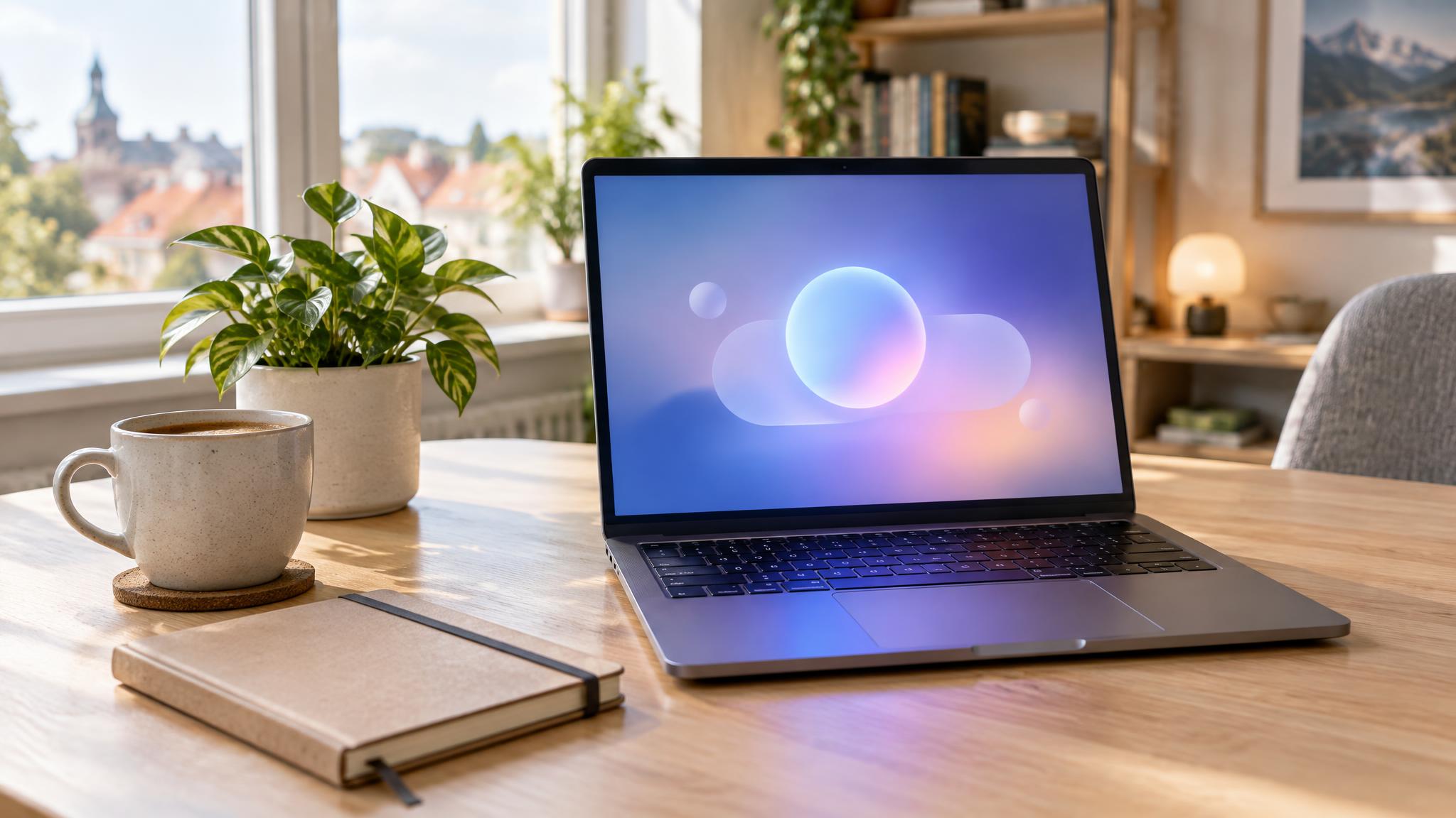 Aufgeklappter Laptop mit abstrakt leuchtender Chatoberfläche auf einem Holzschreibtisch in einem hellen Homeoffice, ohne Logos und ohne lesbaren Text