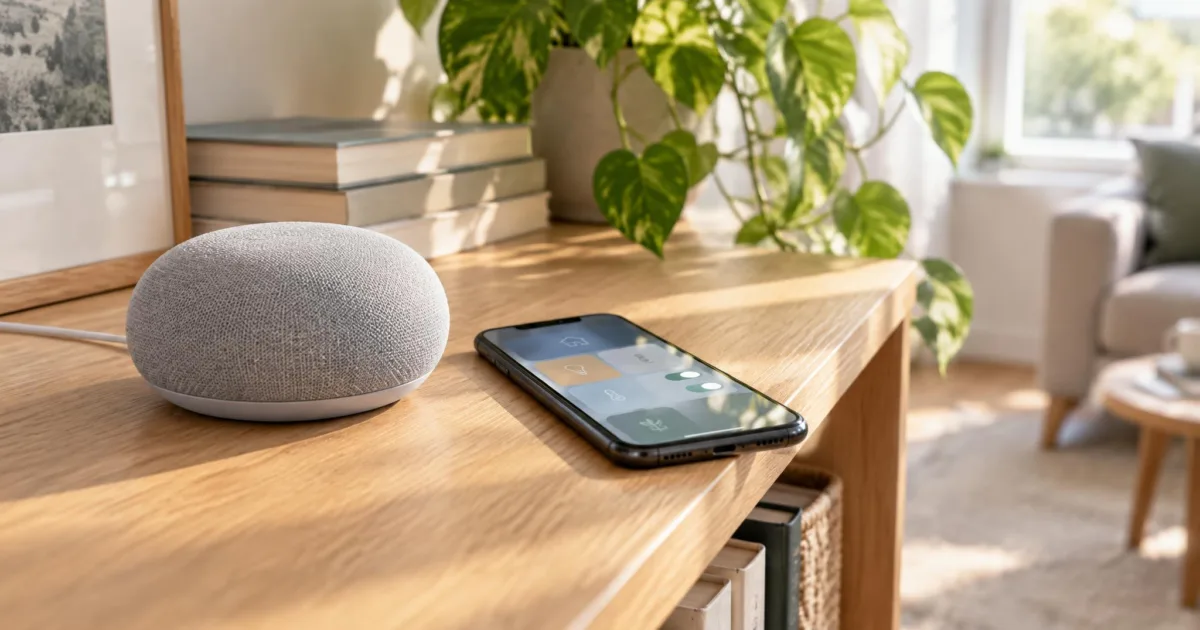Heller Stoff-Lautsprecher auf einem Holzregal im Wohnzimmer, daneben ein Smartphone mit geöffneter Smart-Home-App und warmem Morgenlicht
