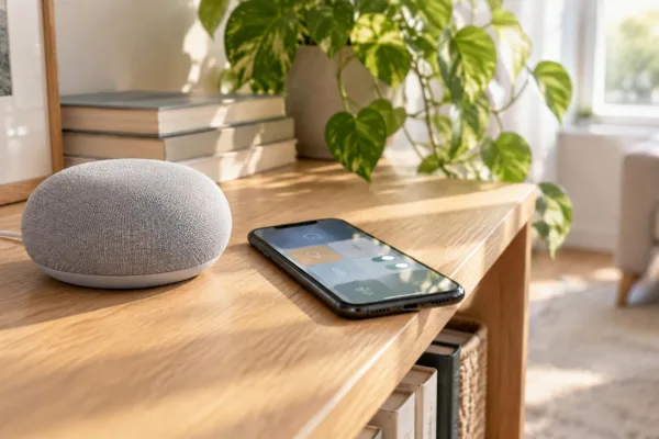 Heller Stoff-Lautsprecher auf einem Holzregal im Wohnzimmer, daneben ein Smartphone mit geöffneter Smart-Home-App und warmem Morgenlicht