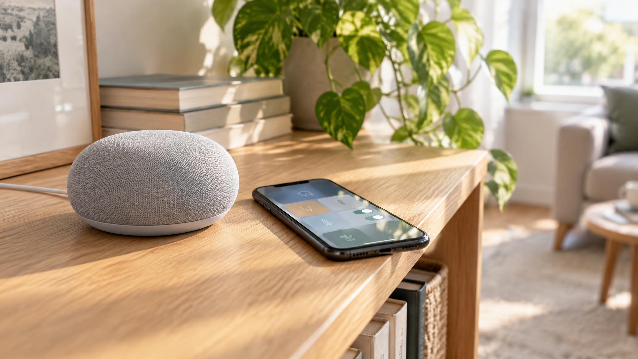 Heller Stoff-Lautsprecher auf einem Holzregal im Wohnzimmer, daneben ein Smartphone mit geöffneter Smart-Home-App und warmem Morgenlicht