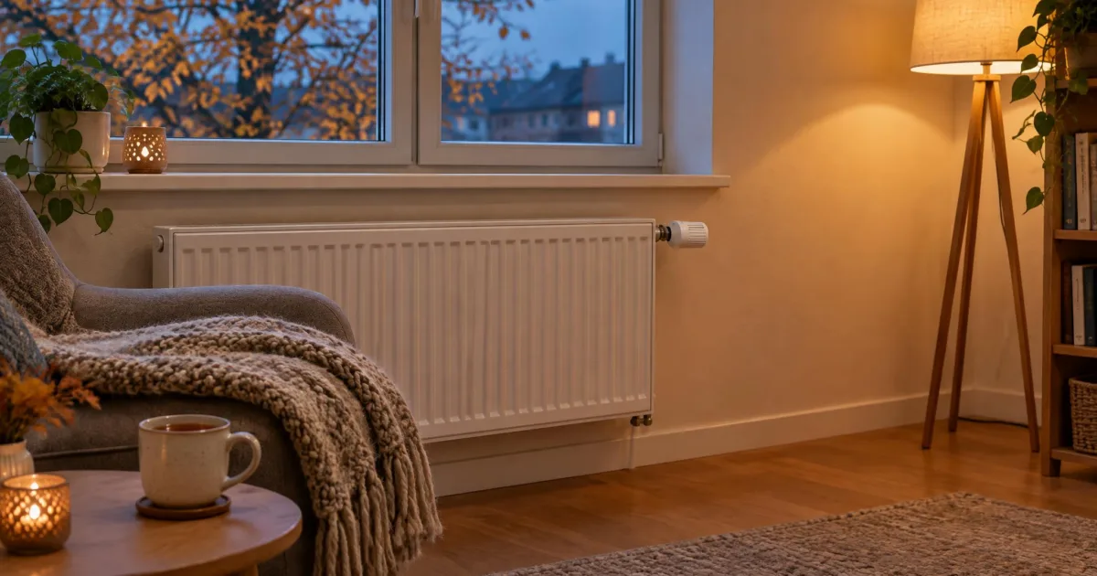 Weißer Heizkörper mit Thermostatkopf unter einem Fenster in einem warm beleuchteten Wohnzimmer am Herbstabend, daneben ein Sessel mit Wolldecke und eine Tasse Tee