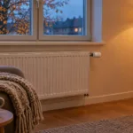 Weißer Heizkörper mit Thermostatkopf unter einem Fenster in einem warm beleuchteten Wohnzimmer am Herbstabend, daneben ein Sessel mit Wolldecke und eine Tasse Tee
