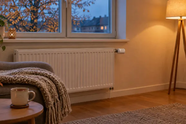 Weißer Heizkörper mit Thermostatkopf unter einem Fenster in einem warm beleuchteten Wohnzimmer am Herbstabend, daneben ein Sessel mit Wolldecke und eine Tasse Tee