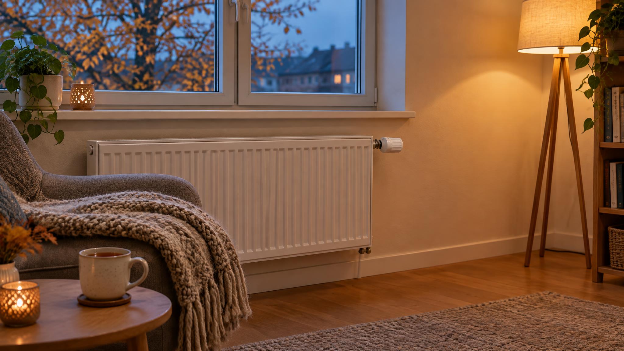 Weißer Heizkörper mit Thermostatkopf unter einem Fenster in einem warm beleuchteten Wohnzimmer am Herbstabend, daneben ein Sessel mit Wolldecke und eine Tasse Tee