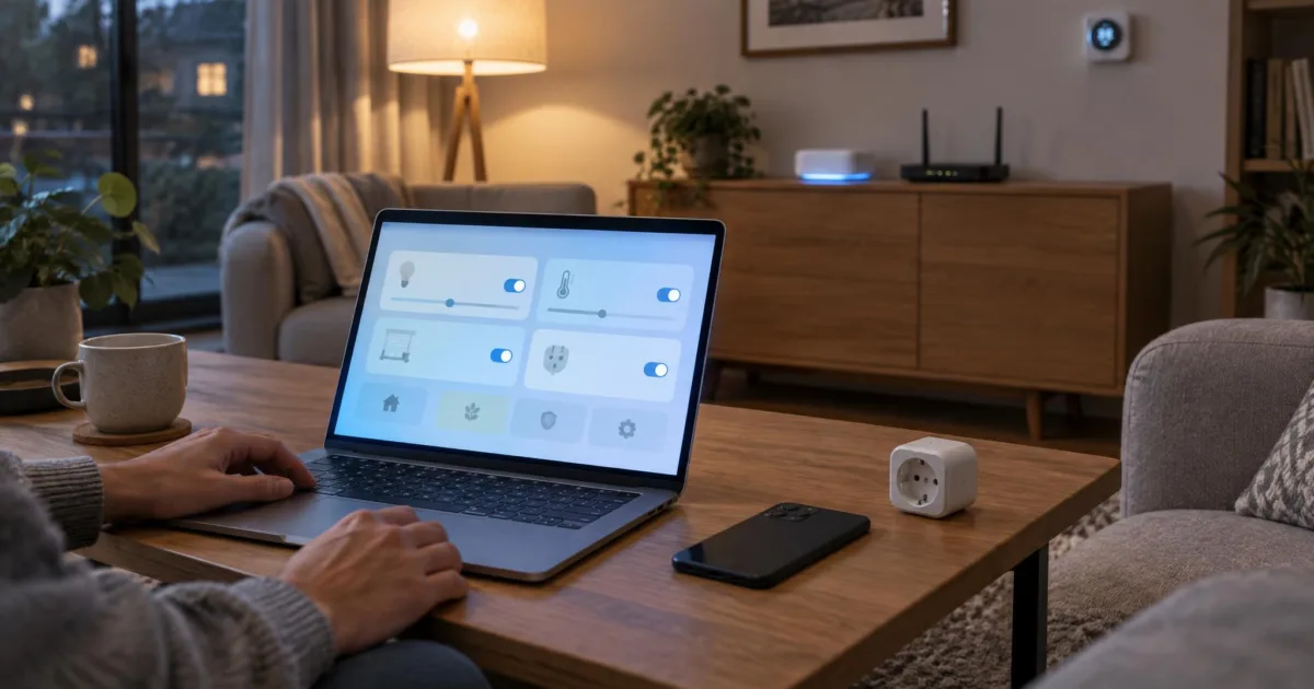 Hände an einem Laptop auf einem Holztisch im abendlichen Wohnzimmer, der Bildschirm zeigt Schalter einer Smart-Home-Oberfläche, daneben Smartphone und Zwischenstecker, im Hintergrund Router und Smart-Home-Zentrale