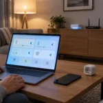 Hände an einem Laptop auf einem Holztisch im abendlichen Wohnzimmer, der Bildschirm zeigt Schalter einer Smart-Home-Oberfläche, daneben Smartphone und Zwischenstecker, im Hintergrund Router und Smart-Home-Zentrale