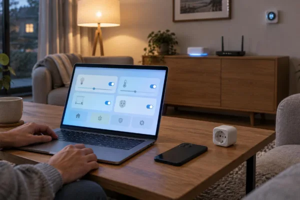 Hände an einem Laptop auf einem Holztisch im abendlichen Wohnzimmer, der Bildschirm zeigt Schalter einer Smart-Home-Oberfläche, daneben Smartphone und Zwischenstecker, im Hintergrund Router und Smart-Home-Zentrale