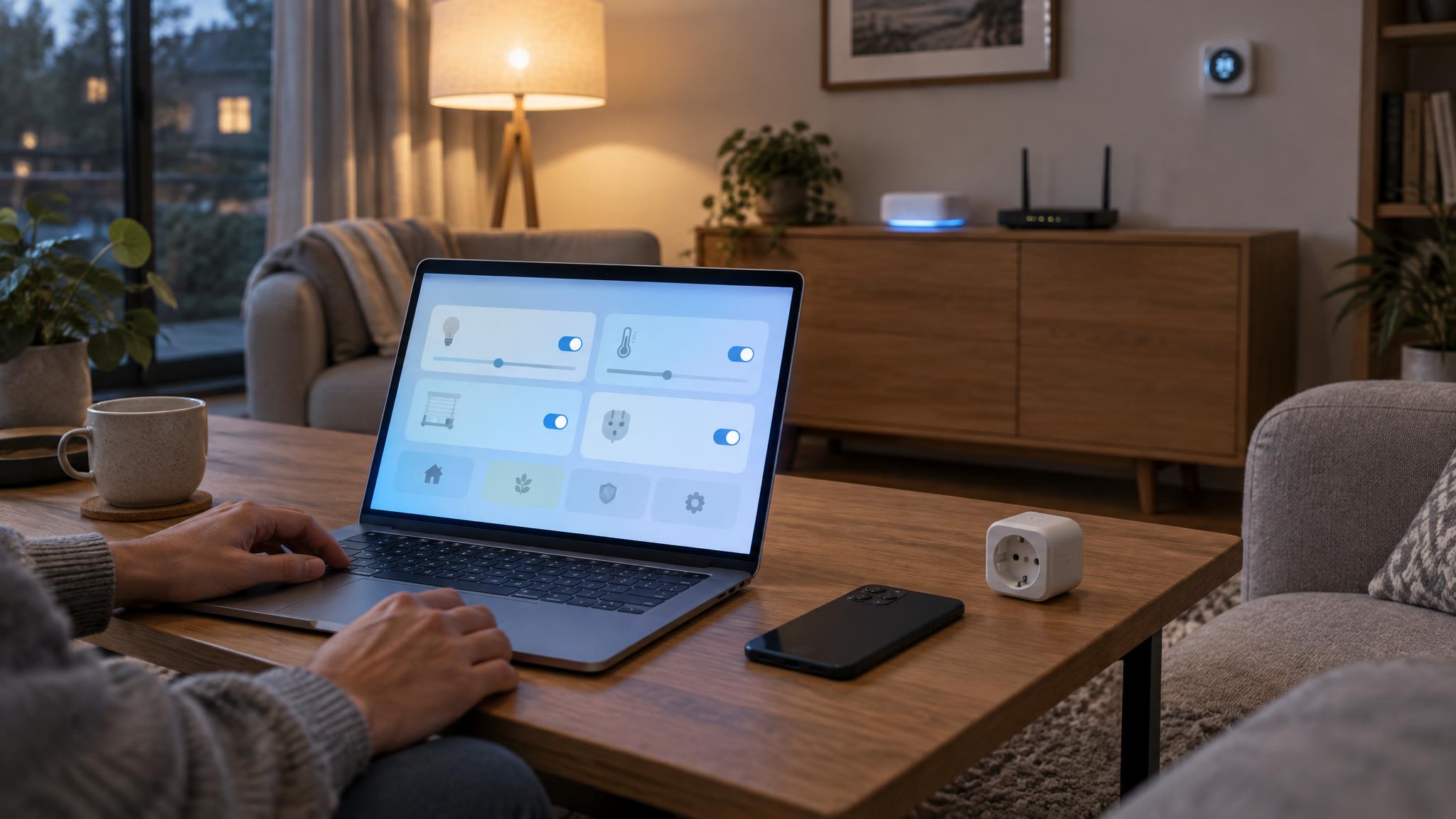 Hände an einem Laptop auf einem Holztisch im abendlichen Wohnzimmer, der Bildschirm zeigt Schalter einer Smart-Home-Oberfläche, daneben Smartphone und Zwischenstecker, im Hintergrund Router und Smart-Home-Zentrale