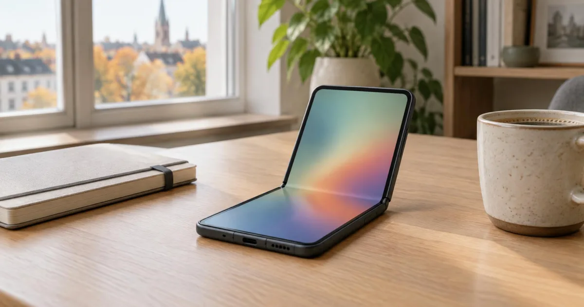 Aufgeklapptes faltbares Smartphone ohne Markenzeichen auf einem hellen Holzschreibtisch neben Notizbuch und Kaffeetasse, weiches Tageslicht, ohne Logos und ohne lesbaren Text