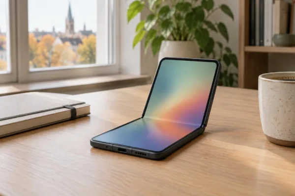 Aufgeklapptes faltbares Smartphone ohne Markenzeichen auf einem hellen Holzschreibtisch neben Notizbuch und Kaffeetasse, weiches Tageslicht, ohne Logos und ohne lesbaren Text