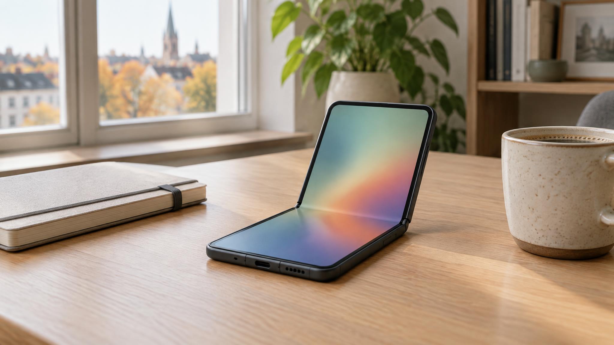 Aufgeklapptes faltbares Smartphone ohne Markenzeichen auf einem hellen Holzschreibtisch neben Notizbuch und Kaffeetasse, weiches Tageslicht, ohne Logos und ohne lesbaren Text