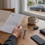 Hände halten zwei Schreiben von Kfz-Versicherern über einem Holztisch, daneben Autoschlüssel, Fahrzeugpapiere, Kaffeetasse und Smartphone, draußen parkt ein Auto im Herbstlaub