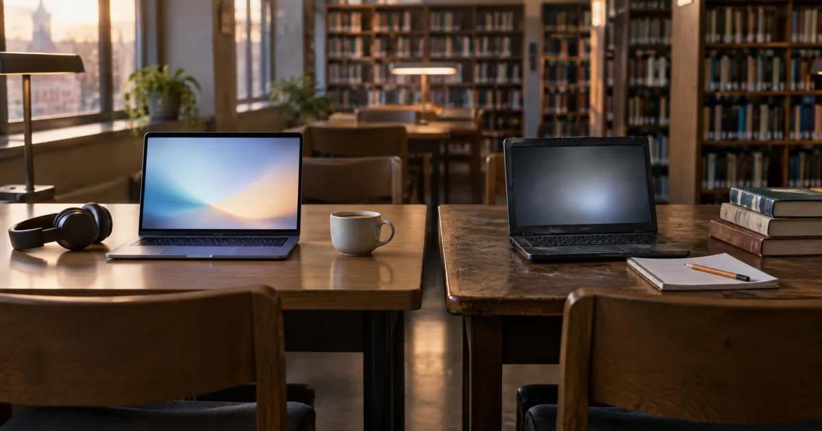 Zwei leere Arbeitstische in einer Bibliothek, links ein neuer Laptop mit Kopfhörern, rechts ein älterer Laptop mit Notizbuch und Bücherstapel