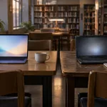 Zwei leere Arbeitstische in einer Bibliothek, links ein neuer Laptop mit Kopfhörern, rechts ein älterer Laptop mit Notizbuch und Bücherstapel
