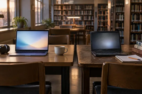 Zwei leere Arbeitstische in einer Bibliothek, links ein neuer Laptop mit Kopfhörern, rechts ein älterer Laptop mit Notizbuch und Bücherstapel