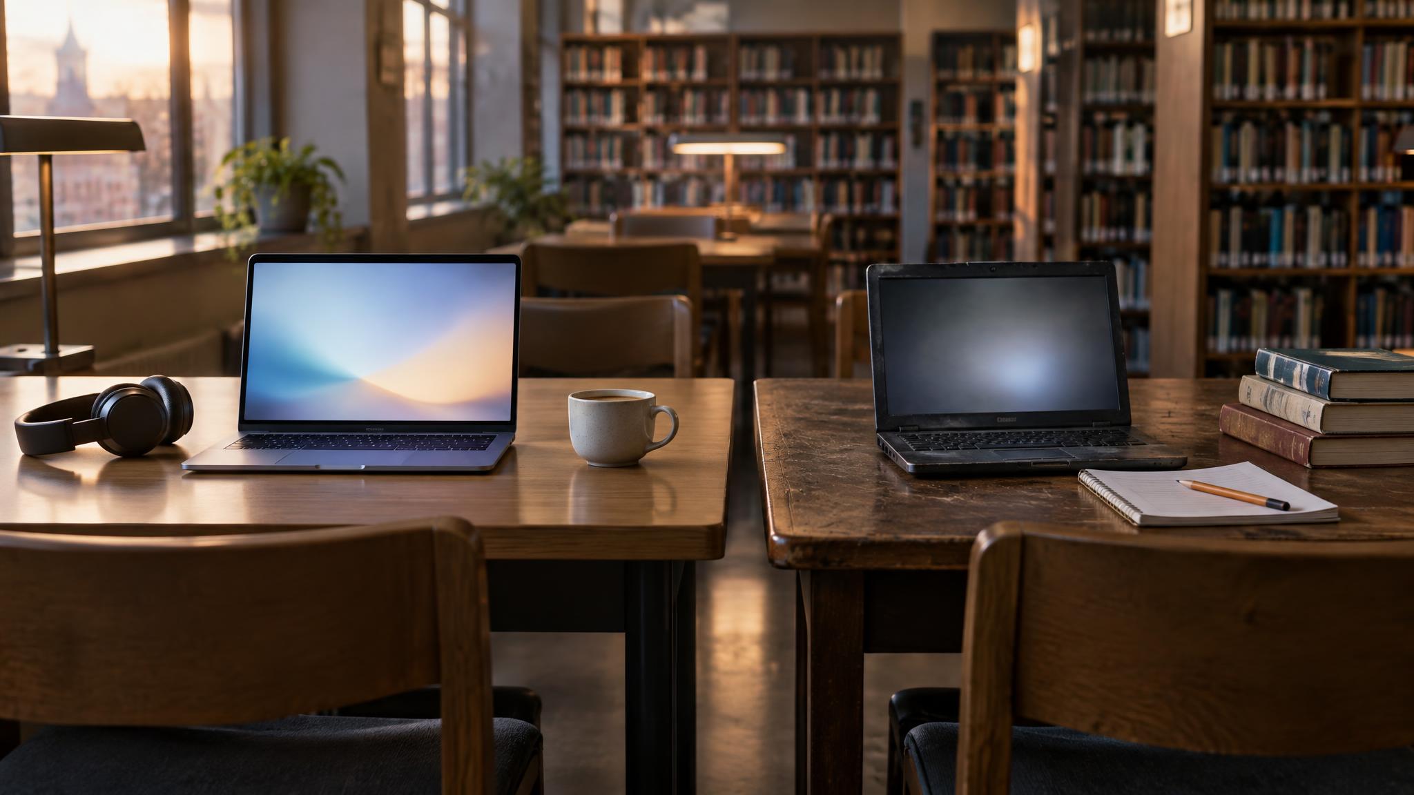Zwei leere Arbeitstische in einer Bibliothek, links ein neuer Laptop mit Kopfhörern, rechts ein älterer Laptop mit Notizbuch und Bücherstapel