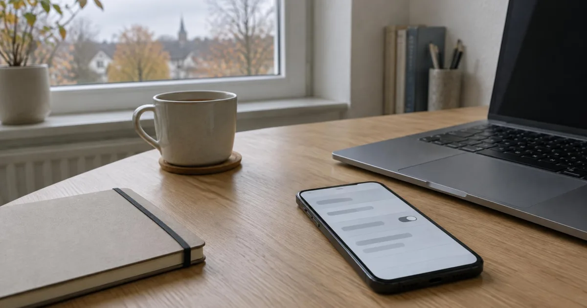Smartphone mit ausgeschaltetem Schalter in den Einstellungen neben einem Laptop auf einem Holzschreibtisch am Fenster