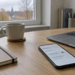 Smartphone mit ausgeschaltetem Schalter in den Einstellungen neben einem Laptop auf einem Holzschreibtisch am Fenster